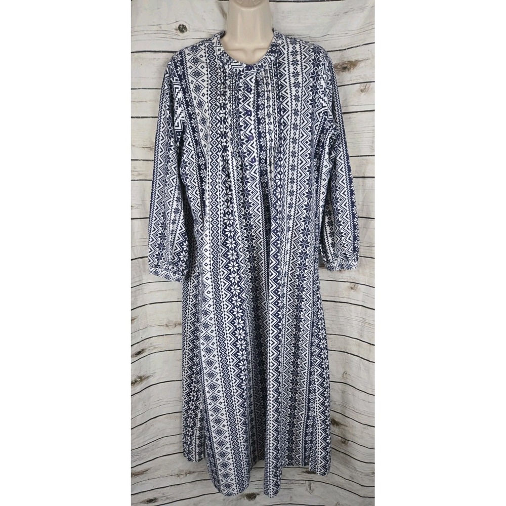 Vermont Country Store Blue Nordic Flannel Nightgown L Cottage Grandma Prairie